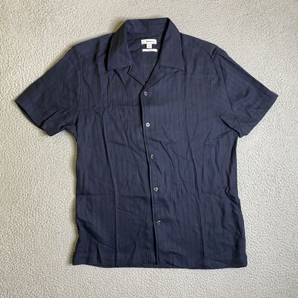 Reiss Vitus Shirt Mens Medium Blue Navy Herringbone Print Button Up Casual NWOT